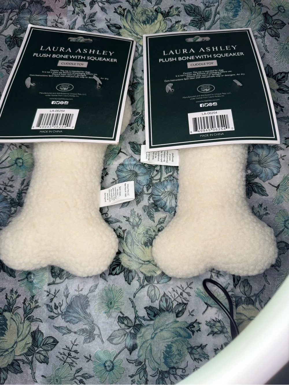 NWT Laura Ashley Plush Bone Squeaker Dog Toy Bundle Set of 2 Floral Plaid